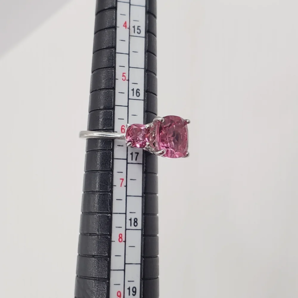 Pink Quartz Three Stone Cushion Cut Ring | 925 Sterling Silver